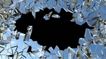 Image showing Shattered or smashed glass: sharp Pieces on black