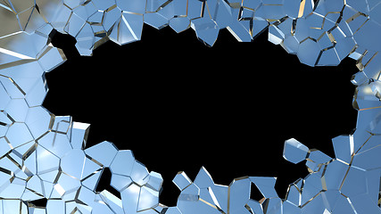 Image showing Sharp pieces of blue smashed glass and hole 