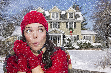 Image showing Smiling Mixed Race Woman in Winter Clothing Outside in Snow