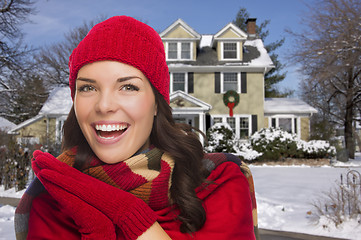 Image showing Smiling Mixed Race Woman in Winter Clothing Outside in Snow