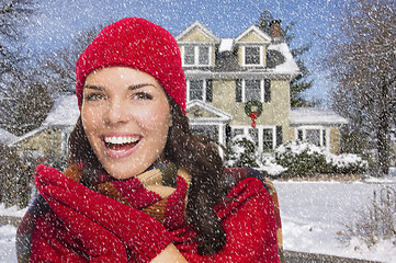 Image showing Smiling Mixed Race Woman in Winter Clothing Outside in Snow