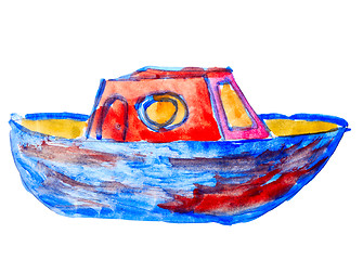 Image showing boat ship yacht watercolor drawing red blue isolated on white ba