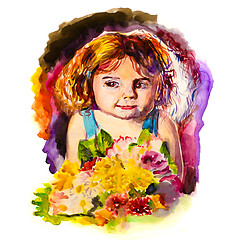 Image showing watercolor painting baby girl holding flowers isolated