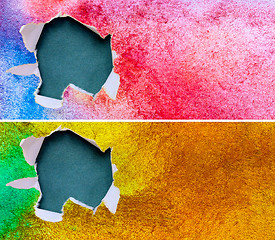 Image showing torn assortment ripped blue green yellow red paper against color