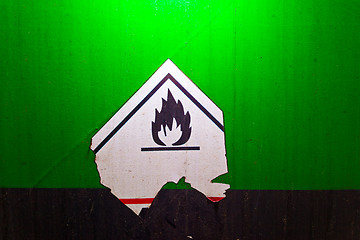 Image showing Fire danger symbol on a green texture railway carriage