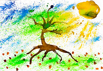 Image showing watercolor painting tree with grass and the sky the sun