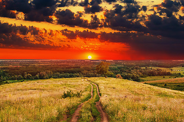 Image showing road landscape sunset summer nature field sky rural green sunris