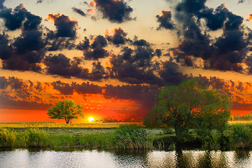 Image showing sunset river sky summer tree landscape nature forest reflection