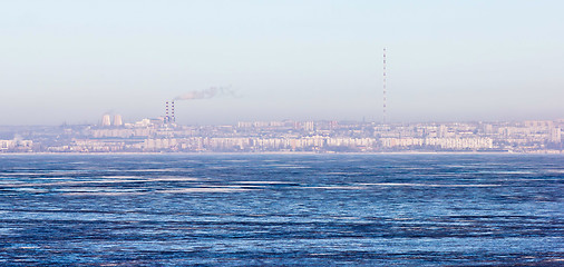 Image showing city ??by sea with Russian winter ice and snow