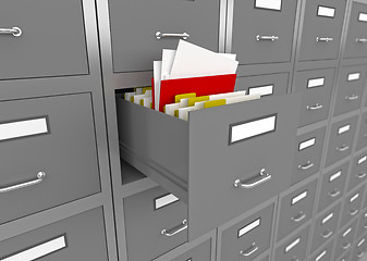 Image showing File cabinet with an open drawer.