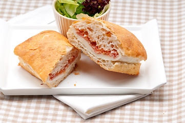 Image showing ciabatta panini sandwich with parma ham and tomato