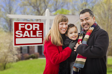 Image showing Mixed Race Family, Home and For Sale Real Estate Sign