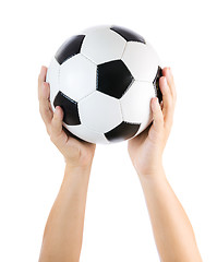 Image showing Hands holding soccer ball up isolated on white