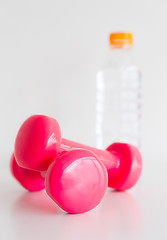 Image showing Two pink glossy dumbbell and water bottle