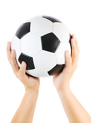 Image showing Hands holding soccer ball up isolated on white