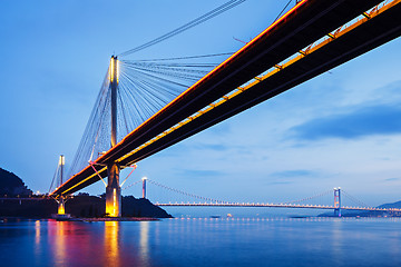 Image showing Suspension bridge in Hong Kong at night 