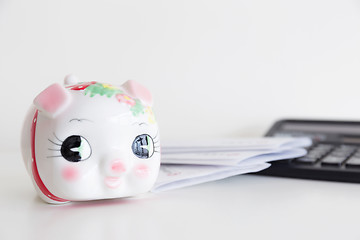 Image showing Piggy bank, calculator and statement