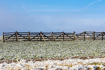 Image showing winter background with frost grass and snowdrift barrier