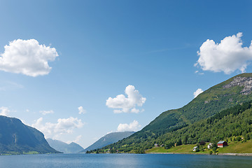 Image showing Small village located on the fjord shore