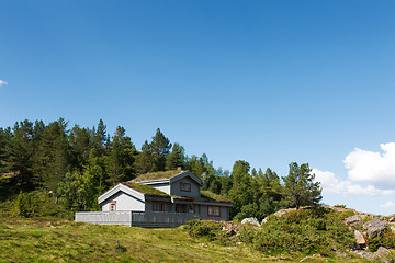 Image showing Typical norwegian building with grass on the roof