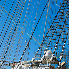 Image showing Blocks and rigging at the old sailboat, close-up