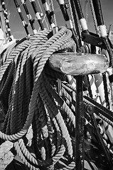 Image showing The ropes braided in bays on an ancient sailing vessel