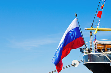 Image showing Russian flag flies at the stern old sailboat