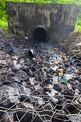 Image showing environmental pollution. engine oil from a pipe