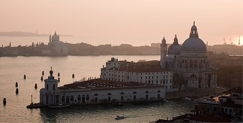 Image showing Venetian lagoon and Salute sunset top view