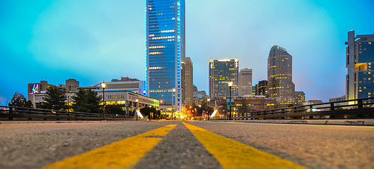 Image showing charlotte skyline view from a highway overpass bridge