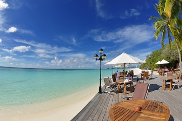 Image showing Beautiful young woman with a drink by the sea