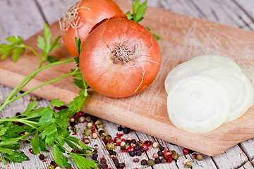 Image showing fresh onions, parsley and peppercorns 