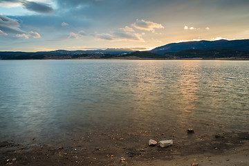 Image showing Dam in mountain on sunrise