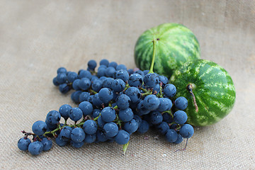 Image showing still life from two watermelons and grape