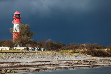 Image showing landscape baltic sea dunes lighthouse in red and white 