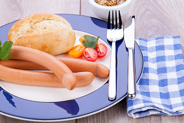 Image showing tasty sausages frankfurter with grain bread 