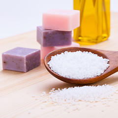 Image showing welnness spa objects soap and bath salt closeup