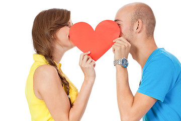 Image showing happy young couple in love with red heart valentines day 