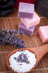 Image showing handmade lavender soap and bath salt wellness spa 