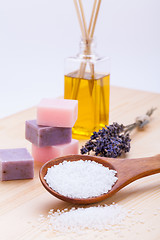 Image showing welnness spa objects soap and bath salt closeup