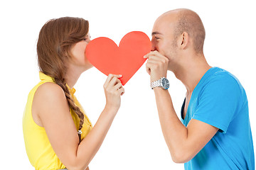 Image showing happy young couple in love with red heart valentines day 