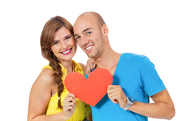 Image showing happy young couple in love with red heart valentines day 