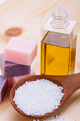 Image showing welnness spa objects soap and bath salt closeup