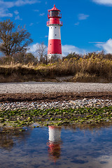 Image showing landscape baltic sea dunes lighthouse in red and white 