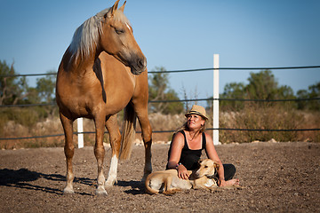 Image showing young woman training horse outside in summer