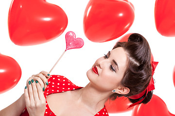 Image showing smiling young attractive girl woman with red lips isolated