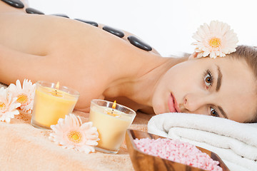 Image showing attractive healthy caucasian woman hot stone massage wellness 