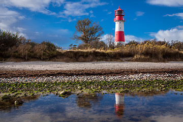 Image showing landscape baltic sea dunes lighthouse in red and white 