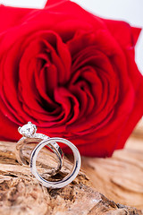 Image showing beautiful ring on wooden background and red rose