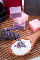 Image showing handmade lavender soap and bath salt wellness spa 